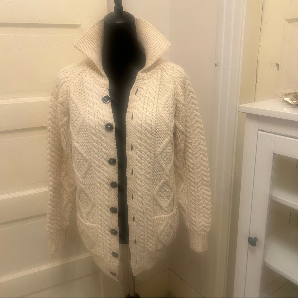HOWLIN Handknit Ireland Fisherman Pure Wool Cable Knit Cardigan Boho Academic